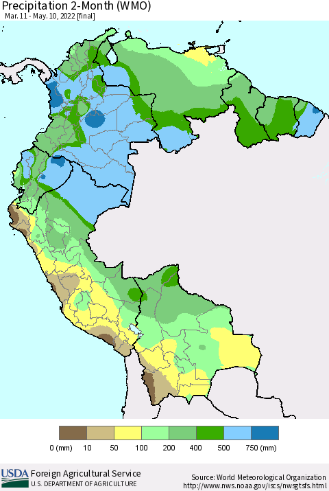 Northern South America Precipitation 2-Month (WMO) Thematic Map For 3/11/2022 - 5/10/2022