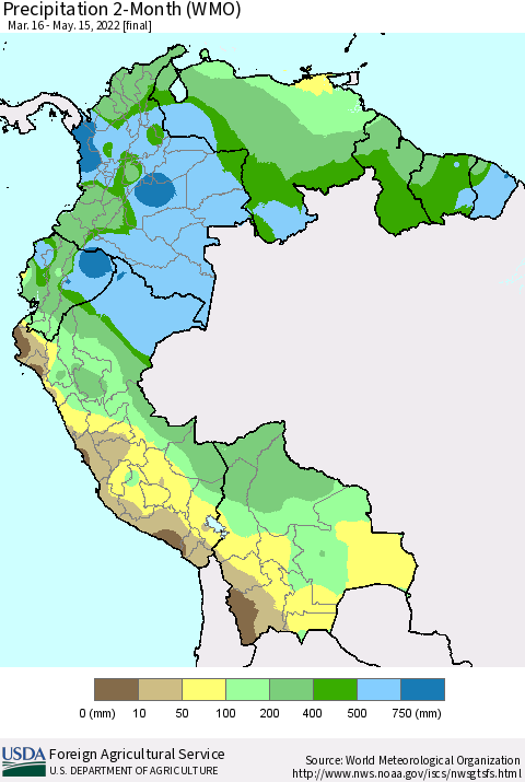 Northern South America Precipitation 2-Month (WMO) Thematic Map For 3/16/2022 - 5/15/2022