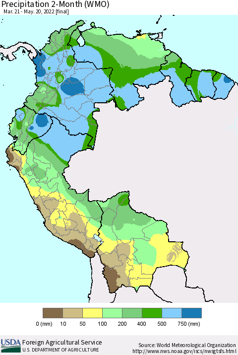 Northern South America Precipitation 2-Month (WMO) Thematic Map For 3/21/2022 - 5/20/2022