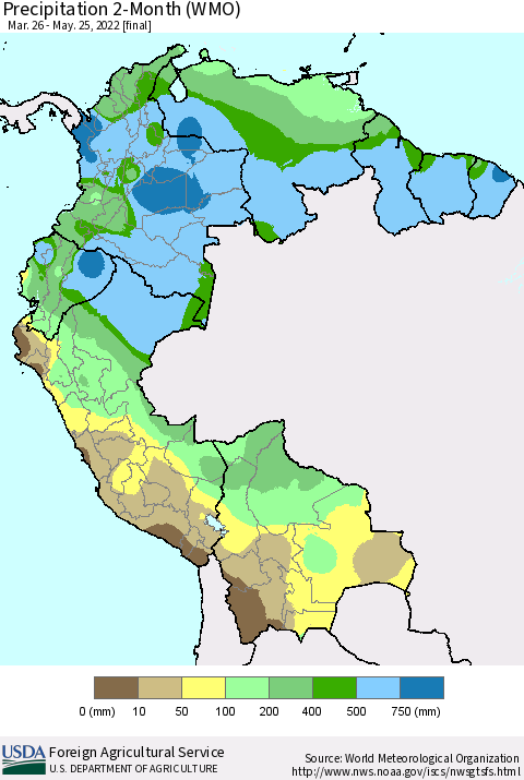 Northern South America Precipitation 2-Month (WMO) Thematic Map For 3/26/2022 - 5/25/2022