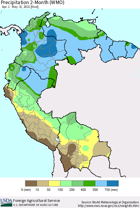 Northern South America Precipitation 2-Month (WMO) Thematic Map For 4/1/2022 - 5/31/2022