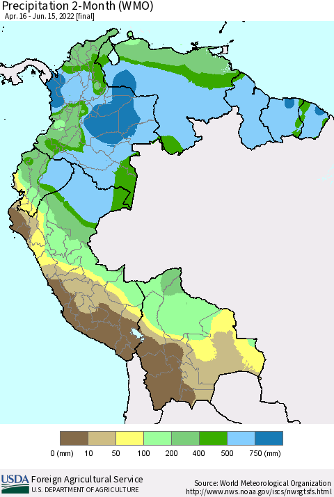 Northern South America Precipitation 2-Month (WMO) Thematic Map For 4/16/2022 - 6/15/2022