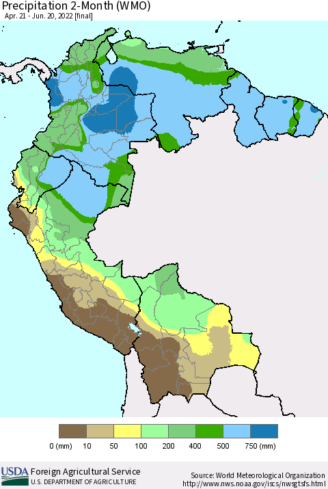 Northern South America Precipitation 2-Month (WMO) Thematic Map For 4/21/2022 - 6/20/2022