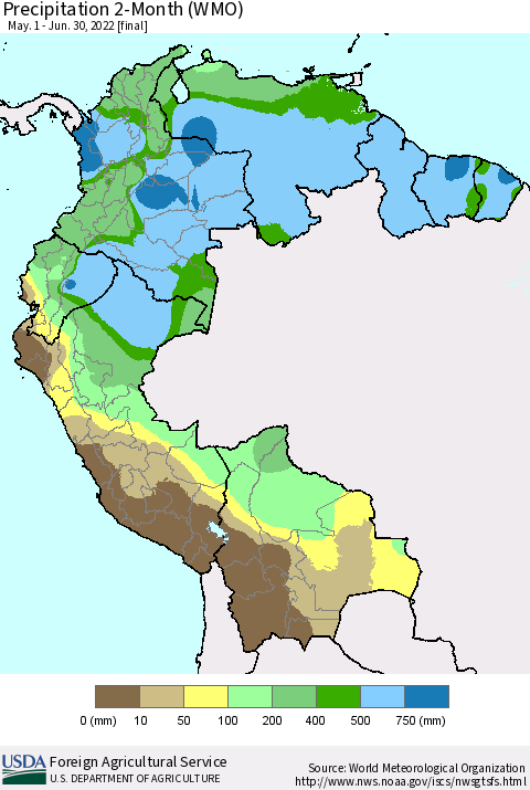 Northern South America Precipitation 2-Month (WMO) Thematic Map For 5/1/2022 - 6/30/2022