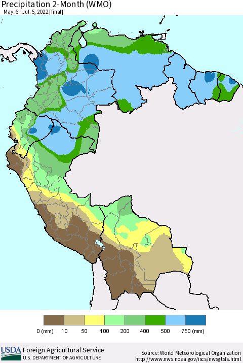 Northern South America Precipitation 2-Month (WMO) Thematic Map For 5/6/2022 - 7/5/2022