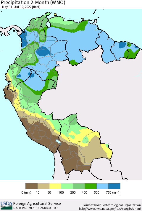 Northern South America Precipitation 2-Month (WMO) Thematic Map For 5/11/2022 - 7/10/2022