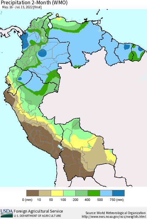 Northern South America Precipitation 2-Month (WMO) Thematic Map For 5/16/2022 - 7/15/2022