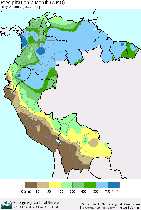 Northern South America Precipitation 2-Month (WMO) Thematic Map For 5/21/2022 - 7/20/2022