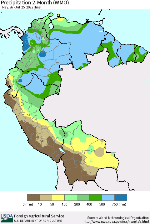 Northern South America Precipitation 2-Month (WMO) Thematic Map For 5/26/2022 - 7/25/2022