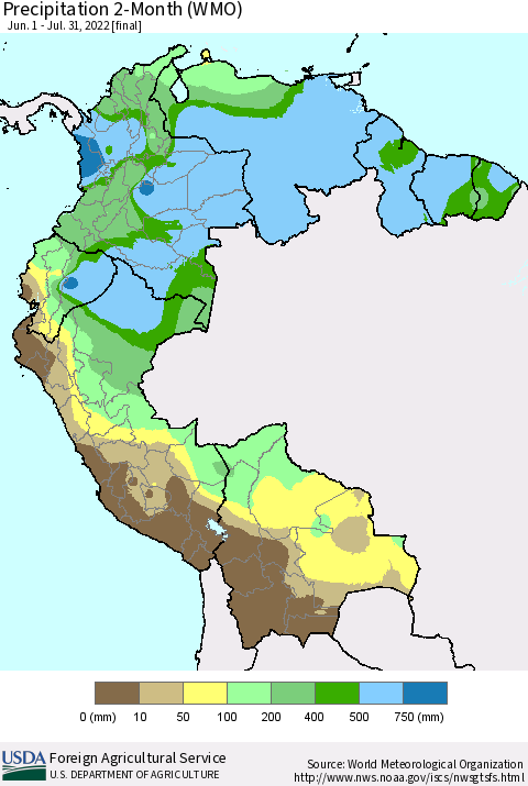 Northern South America Precipitation 2-Month (WMO) Thematic Map For 6/1/2022 - 7/31/2022