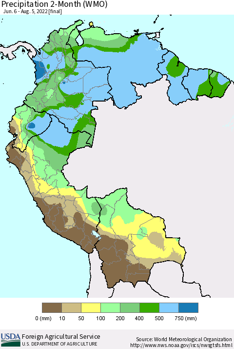 Northern South America Precipitation 2-Month (WMO) Thematic Map For 6/6/2022 - 8/5/2022
