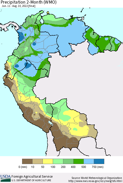 Northern South America Precipitation 2-Month (WMO) Thematic Map For 6/11/2022 - 8/10/2022