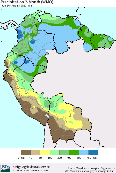 Northern South America Precipitation 2-Month (WMO) Thematic Map For 6/16/2022 - 8/15/2022