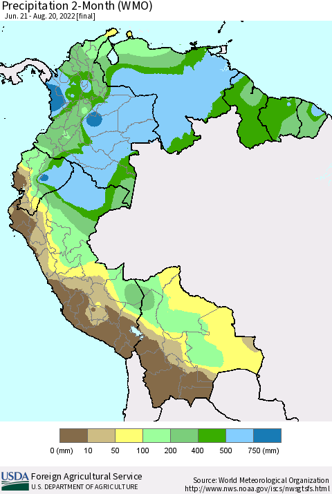 Northern South America Precipitation 2-Month (WMO) Thematic Map For 6/21/2022 - 8/20/2022
