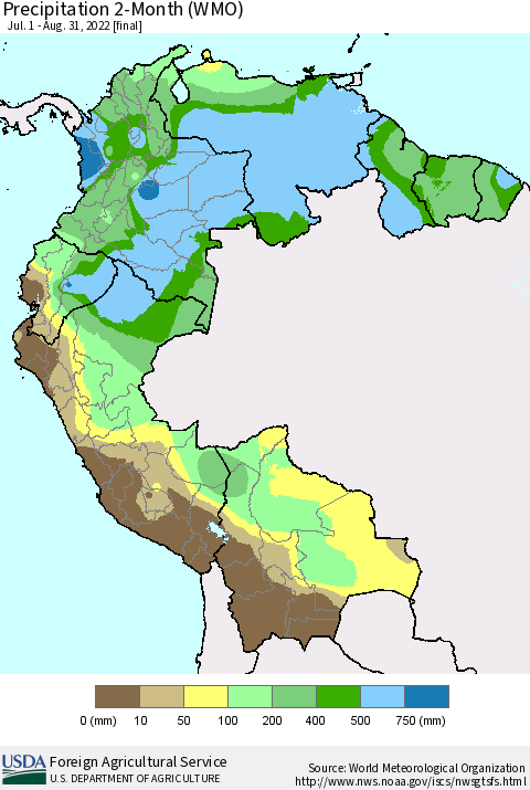 Northern South America Precipitation 2-Month (WMO) Thematic Map For 7/1/2022 - 8/31/2022