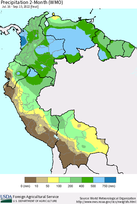 Northern South America Precipitation 2-Month (WMO) Thematic Map For 7/16/2022 - 9/15/2022