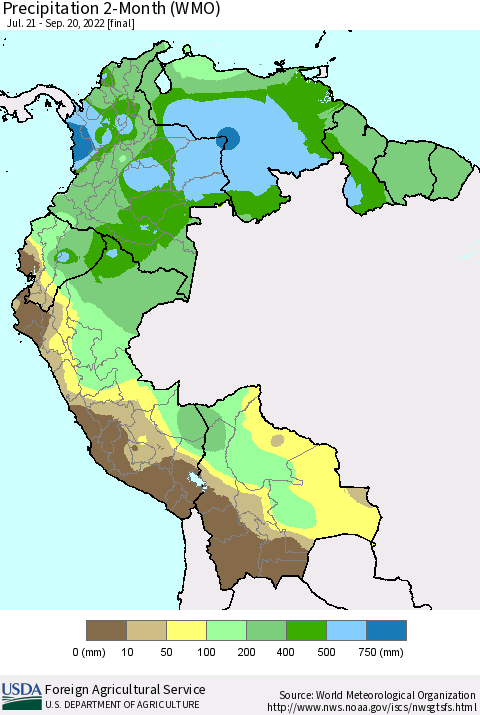 Northern South America Precipitation 2-Month (WMO) Thematic Map For 7/21/2022 - 9/20/2022