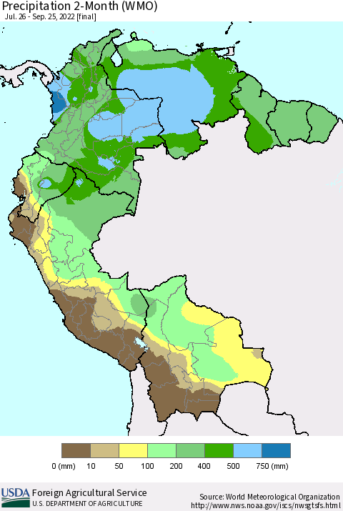 Northern South America Precipitation 2-Month (WMO) Thematic Map For 7/26/2022 - 9/25/2022