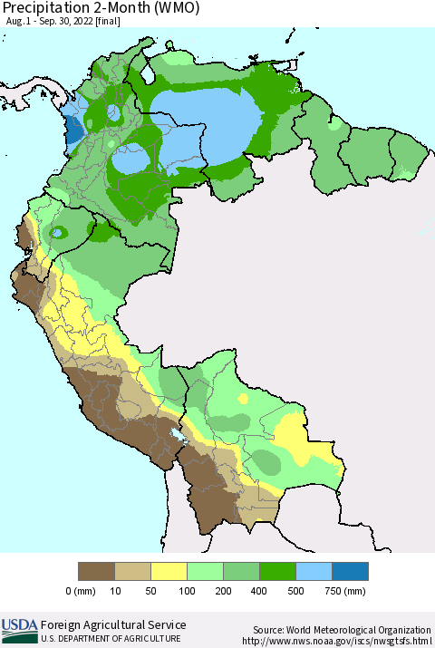 Northern South America Precipitation 2-Month (WMO) Thematic Map For 8/1/2022 - 9/30/2022