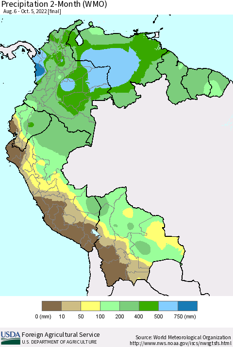 Northern South America Precipitation 2-Month (WMO) Thematic Map For 8/6/2022 - 10/5/2022