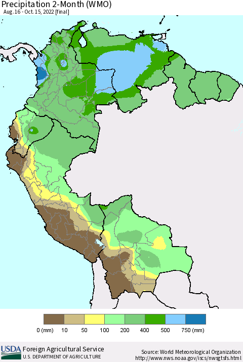 Northern South America Precipitation 2-Month (WMO) Thematic Map For 8/16/2022 - 10/15/2022