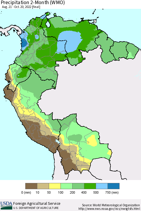 Northern South America Precipitation 2-Month (WMO) Thematic Map For 8/21/2022 - 10/20/2022