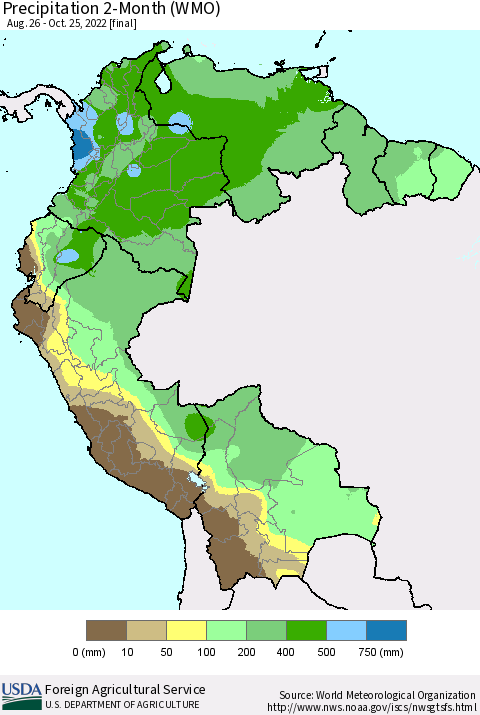 Northern South America Precipitation 2-Month (WMO) Thematic Map For 8/26/2022 - 10/25/2022