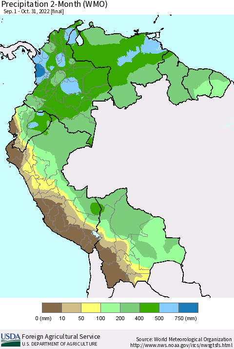Northern South America Precipitation 2-Month (WMO) Thematic Map For 9/1/2022 - 10/31/2022
