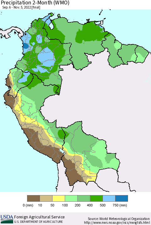 Northern South America Precipitation 2-Month (WMO) Thematic Map For 9/6/2022 - 11/5/2022