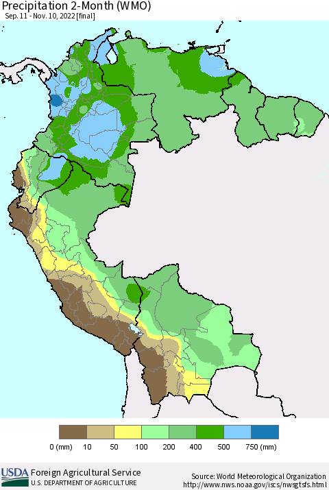 Northern South America Precipitation 2-Month (WMO) Thematic Map For 9/11/2022 - 11/10/2022