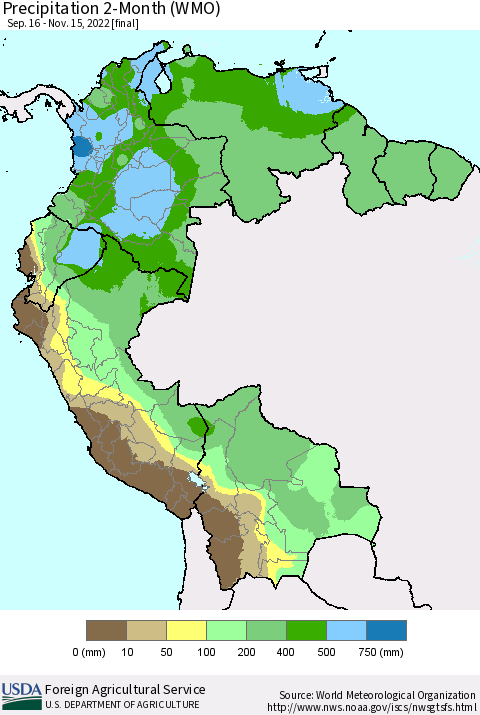 Northern South America Precipitation 2-Month (WMO) Thematic Map For 9/16/2022 - 11/15/2022
