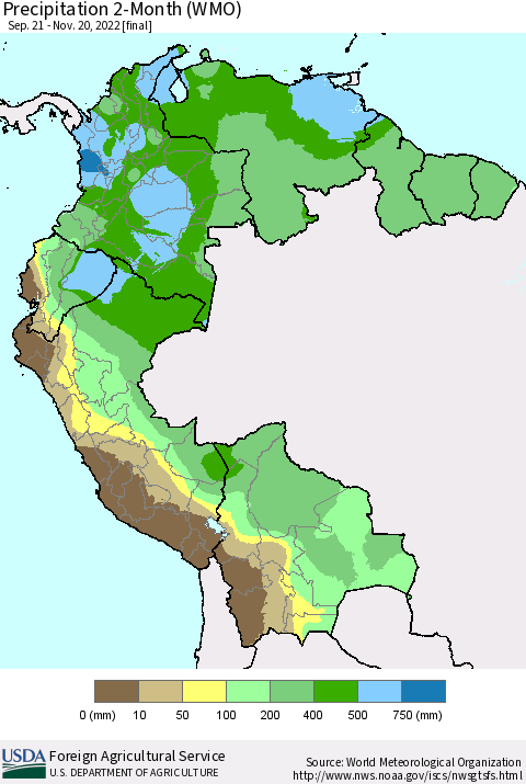 Northern South America Precipitation 2-Month (WMO) Thematic Map For 9/21/2022 - 11/20/2022