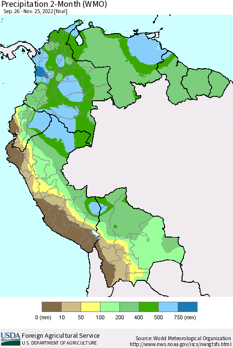 Northern South America Precipitation 2-Month (WMO) Thematic Map For 9/26/2022 - 11/25/2022