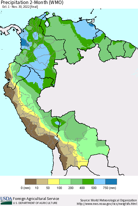 Northern South America Precipitation 2-Month (WMO) Thematic Map For 10/1/2022 - 11/30/2022