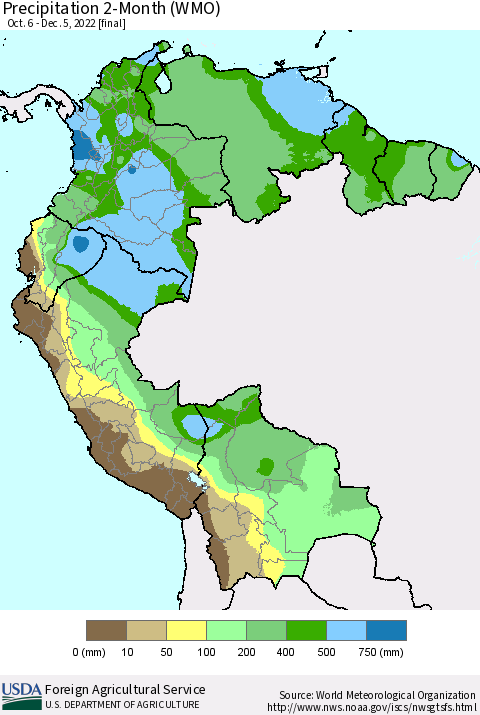 Northern South America Precipitation 2-Month (WMO) Thematic Map For 10/6/2022 - 12/5/2022