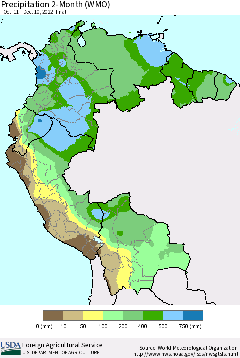 Northern South America Precipitation 2-Month (WMO) Thematic Map For 10/11/2022 - 12/10/2022