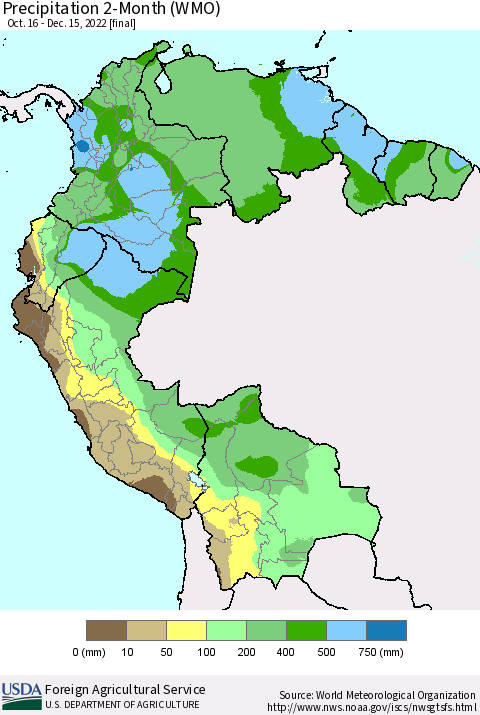 Northern South America Precipitation 2-Month (WMO) Thematic Map For 10/16/2022 - 12/15/2022