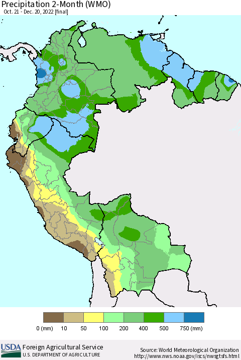Northern South America Precipitation 2-Month (WMO) Thematic Map For 10/21/2022 - 12/20/2022