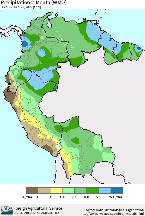 Northern South America Precipitation 2-Month (WMO) Thematic Map For 10/26/2022 - 12/25/2022