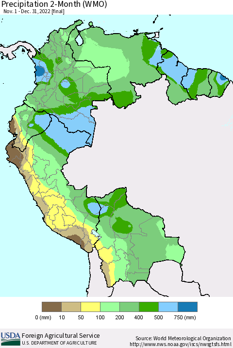 Northern South America Precipitation 2-Month (WMO) Thematic Map For 11/1/2022 - 12/31/2022