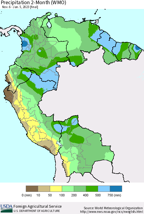 Northern South America Precipitation 2-Month (WMO) Thematic Map For 11/6/2022 - 1/5/2023