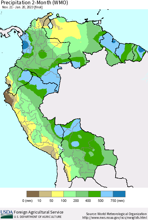 Northern South America Precipitation 2-Month (WMO) Thematic Map For 11/21/2022 - 1/20/2023