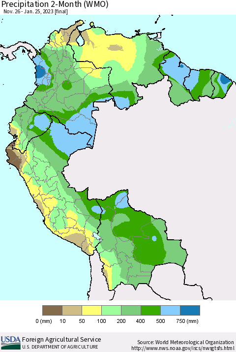Northern South America Precipitation 2-Month (WMO) Thematic Map For 11/26/2022 - 1/25/2023
