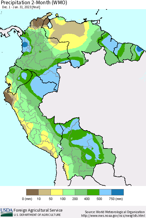 Northern South America Precipitation 2-Month (WMO) Thematic Map For 12/1/2022 - 1/31/2023