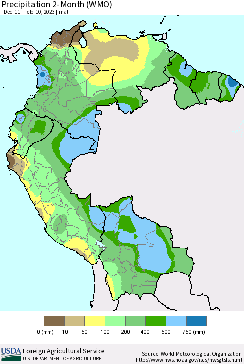 Northern South America Precipitation 2-Month (WMO) Thematic Map For 12/11/2022 - 2/10/2023