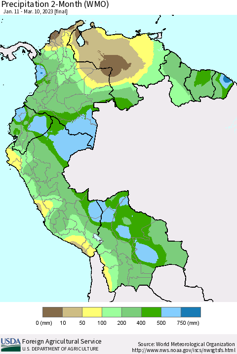 Northern South America Precipitation 2-Month (WMO) Thematic Map For 1/11/2023 - 3/10/2023