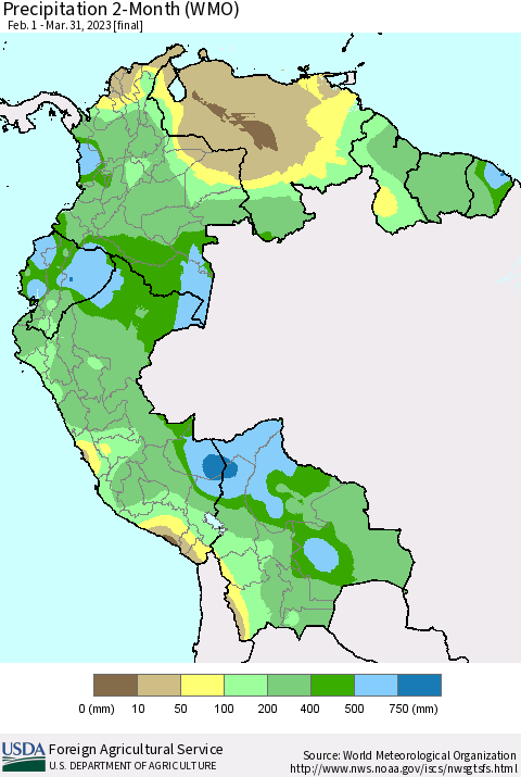Northern South America Precipitation 2-Month (WMO) Thematic Map For 2/1/2023 - 3/31/2023