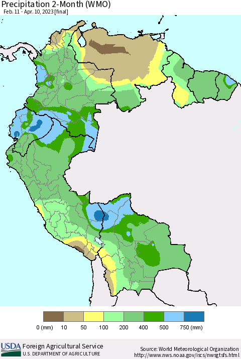 Northern South America Precipitation 2-Month (WMO) Thematic Map For 2/11/2023 - 4/10/2023