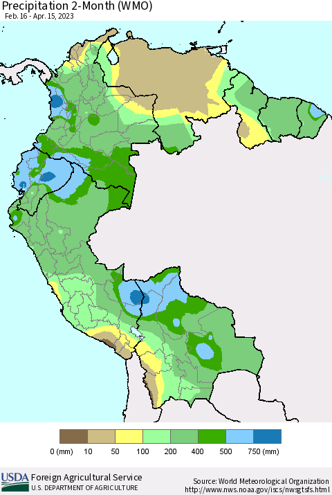 Northern South America Precipitation 2-Month (WMO) Thematic Map For 2/16/2023 - 4/15/2023