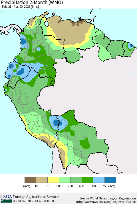 Northern South America Precipitation 2-Month (WMO) Thematic Map For 2/21/2023 - 4/20/2023